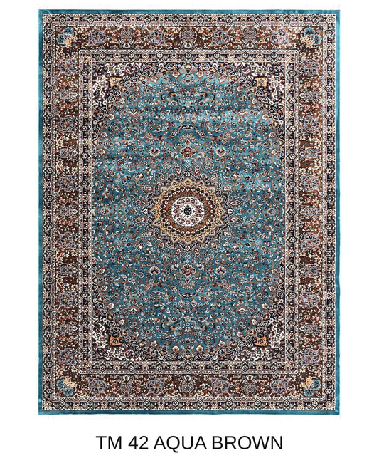 Nasrin aqua and brown Persian medallion machine-made polyester carpet, full view