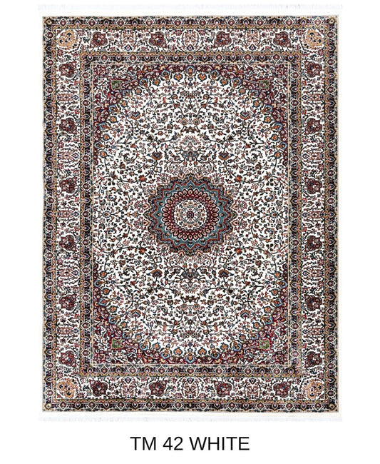 Negin white Persian medallion machine-made polyester carpet, full view