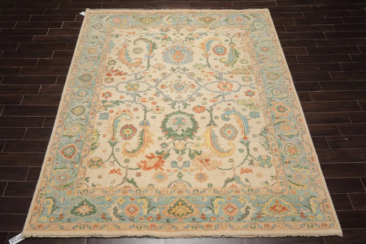 Cesme Beige Oushak Hand Knotted Wool Rug - beige rectangular rug
