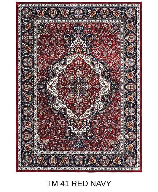 Sahar red and navy Persian medallion washable acrylic silk carpet, full view