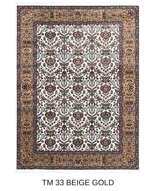Sepideh beige and gold Persian floral machine-made polyester carpet, full view