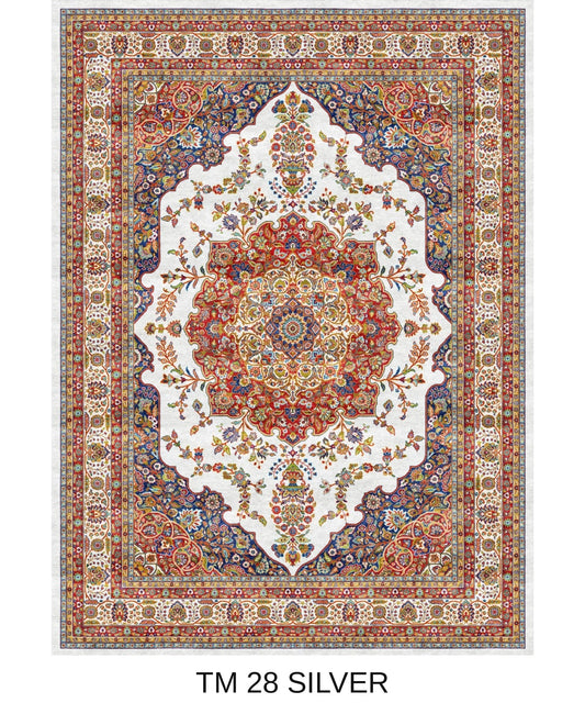 Shabnam silver Persian medallion machine-made polyester carpet, full view