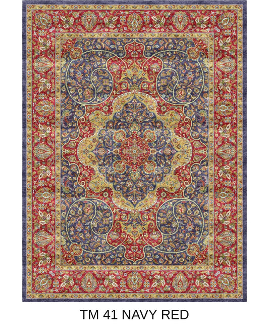Soraya navy and red Persian medallion machine-made polyester carpet, full view