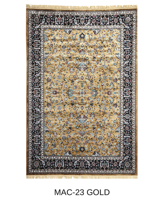 Tilla gold and navy Persian floral machine-made viscose carpet, full view