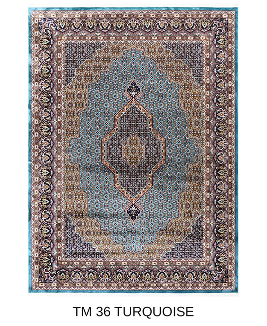 Yasmin turquoise Persian medallion machine-made polyester carpet, full view