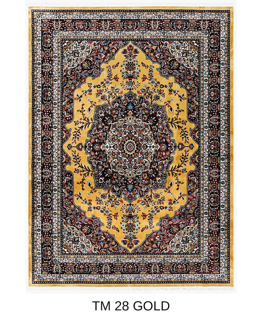 Zarin gold Persian medallion washable acrylic silk carpet, full view