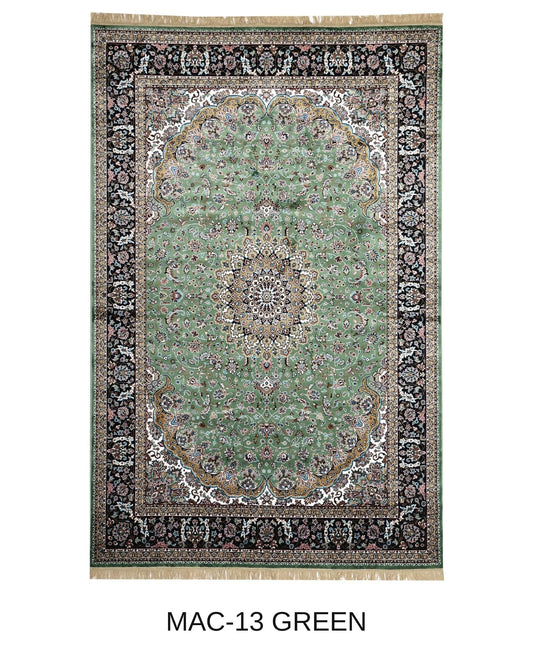 Zumurrud green and navy Persian medallion machine-made viscose carpet, full view