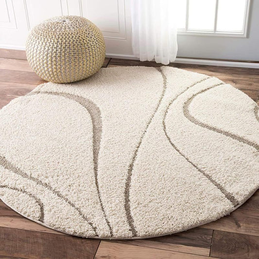 Meander Ivory Taupe round shaggy carpet