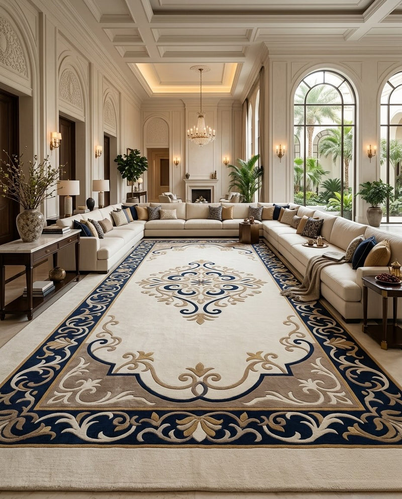 Marquess navy and cream scroll border hand tufted wool rug, full view