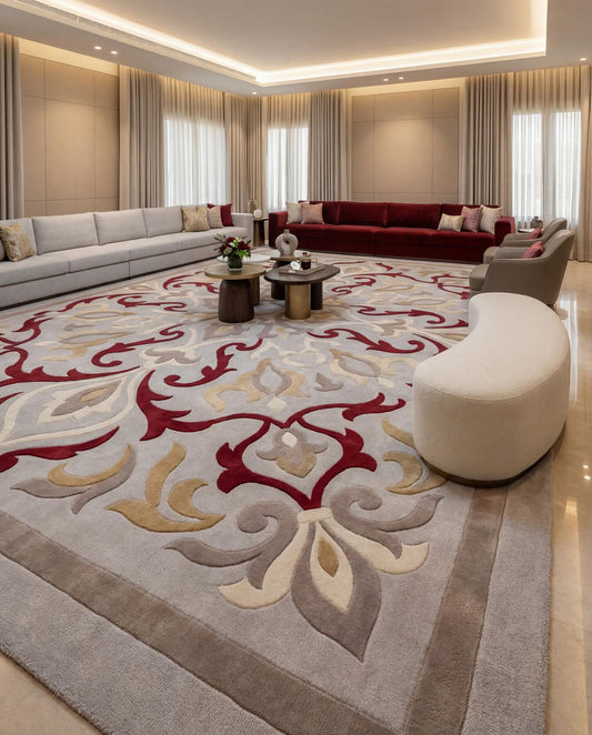 Rubina grey and burgundy scroll medallion hand tufted wool rug, full view