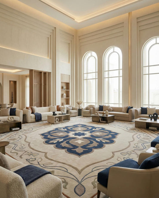 Lazuli cream and navy medallion hand tufted wool rug, full view