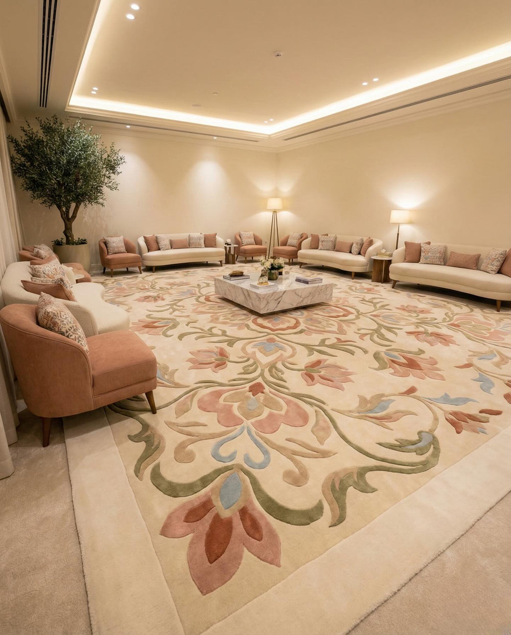Nargis cream and sage floral garden hand tufted wool rug, full view