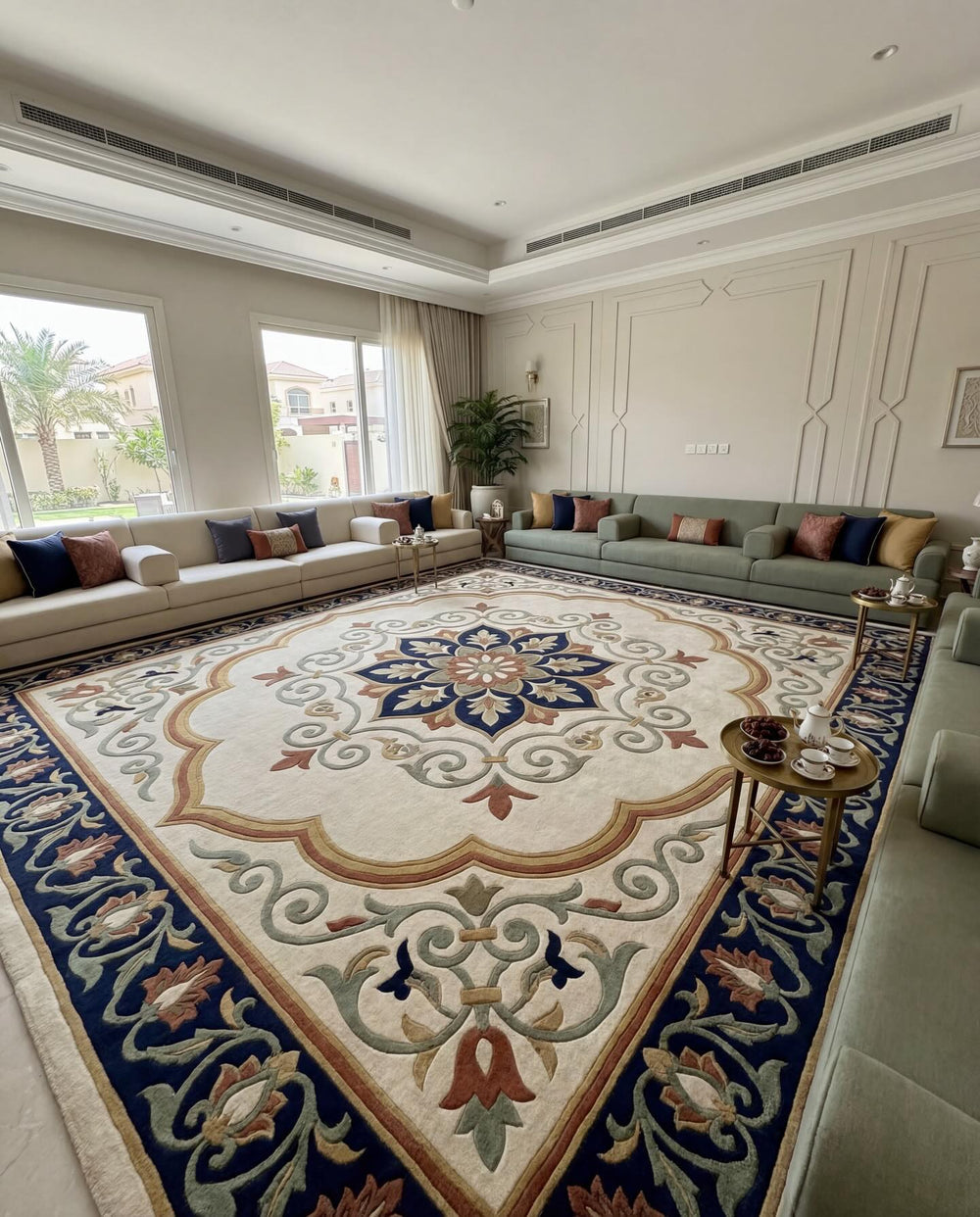 Zarafshan cream and navy medallion hand tufted wool rug, full view
