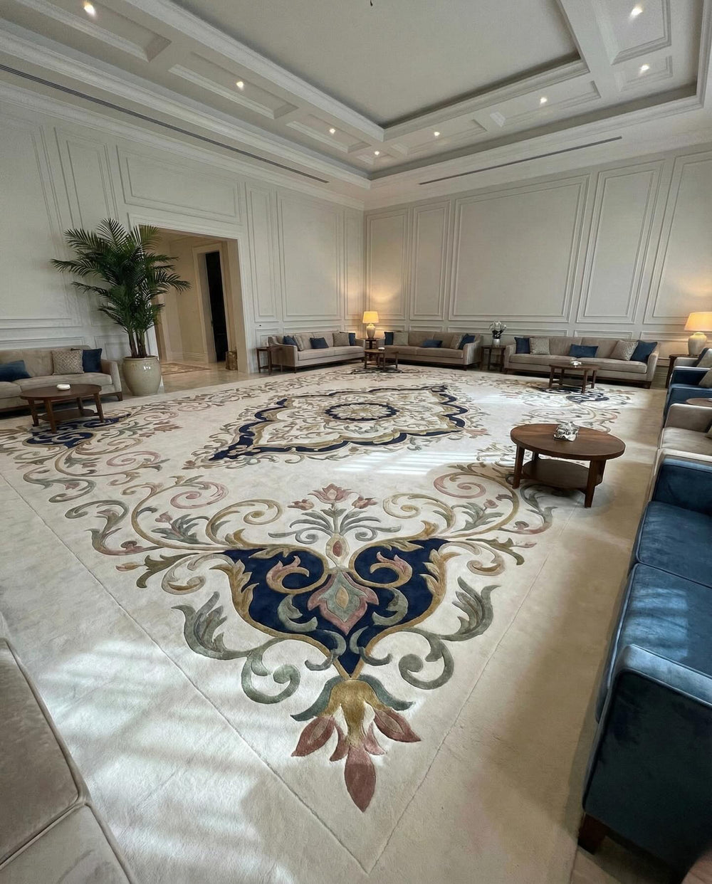 Isabeau cream and navy scroll medallion hand tufted wool rug, full view