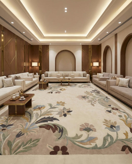 Camille cream floral spray hand tufted wool rug, full view