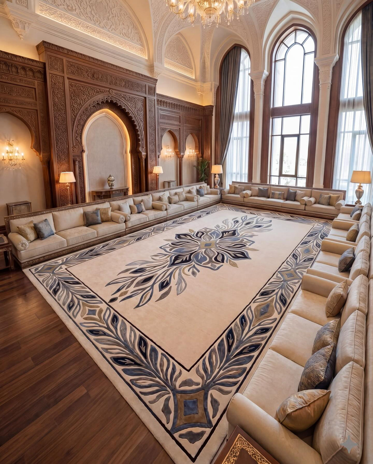 Mayura cream and indigo leaf border hand tufted wool rug, full view
