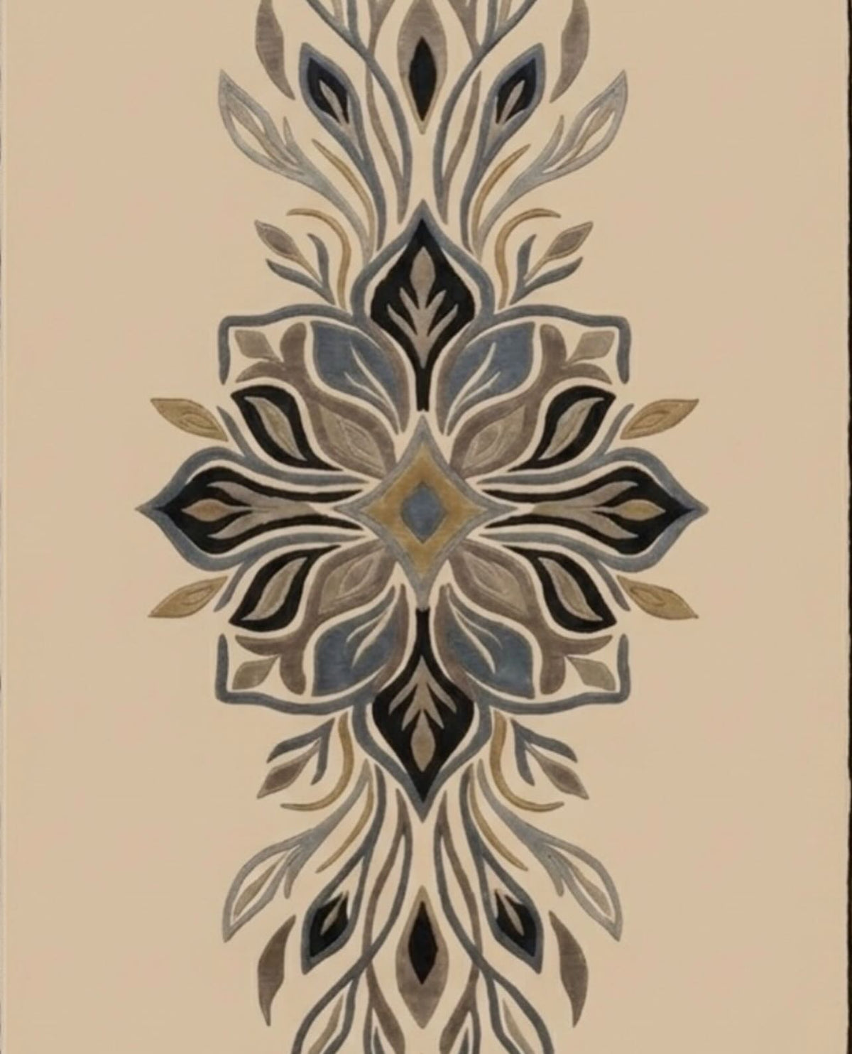 Mayura cream and indigo leaf border hand tufted wool rug, view 2