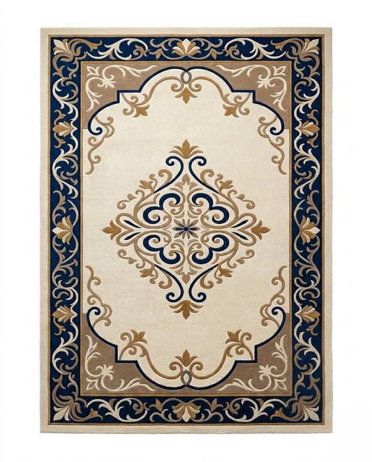Marquess navy and cream scroll border hand tufted wool rug, view 2