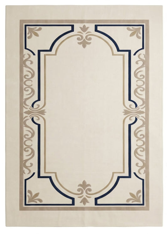 Rivoli cream and navy line border hand tufted wool rug, view 2