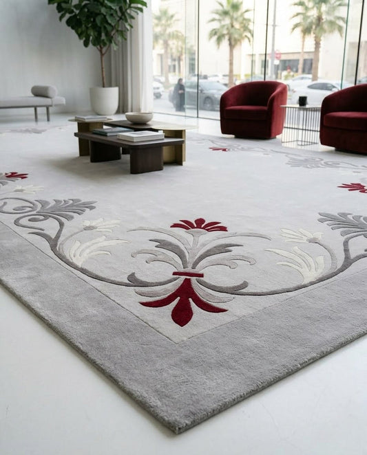 Ashira grey and burgundy floral border hand tufted wool rug, view 2