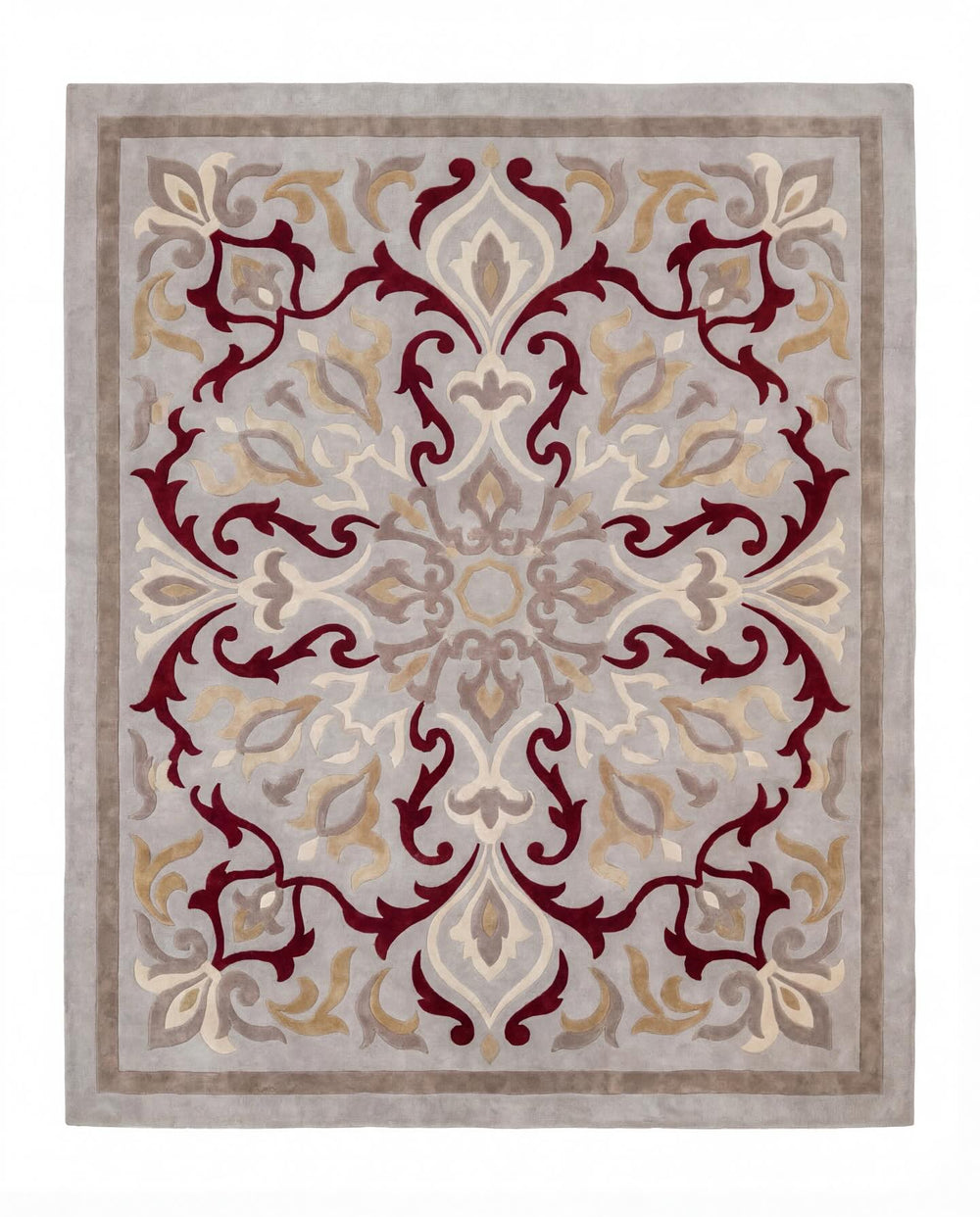 Rubina grey and burgundy scroll medallion hand tufted wool rug, view 2