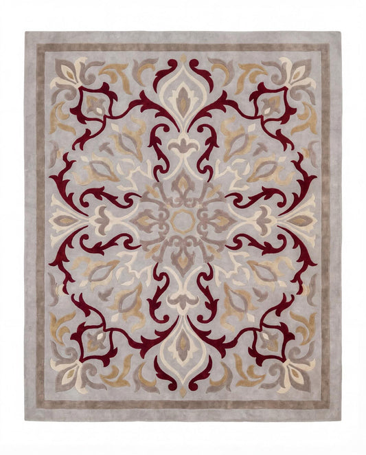 Rubina grey and burgundy scroll medallion hand tufted wool rug, view 2