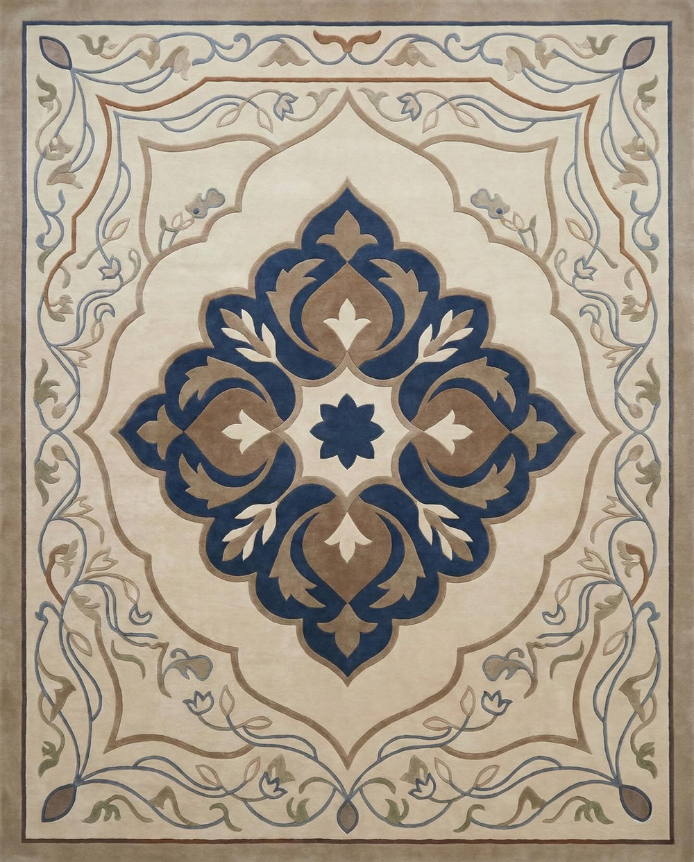 Lazuli cream and navy medallion hand tufted wool rug, view 2