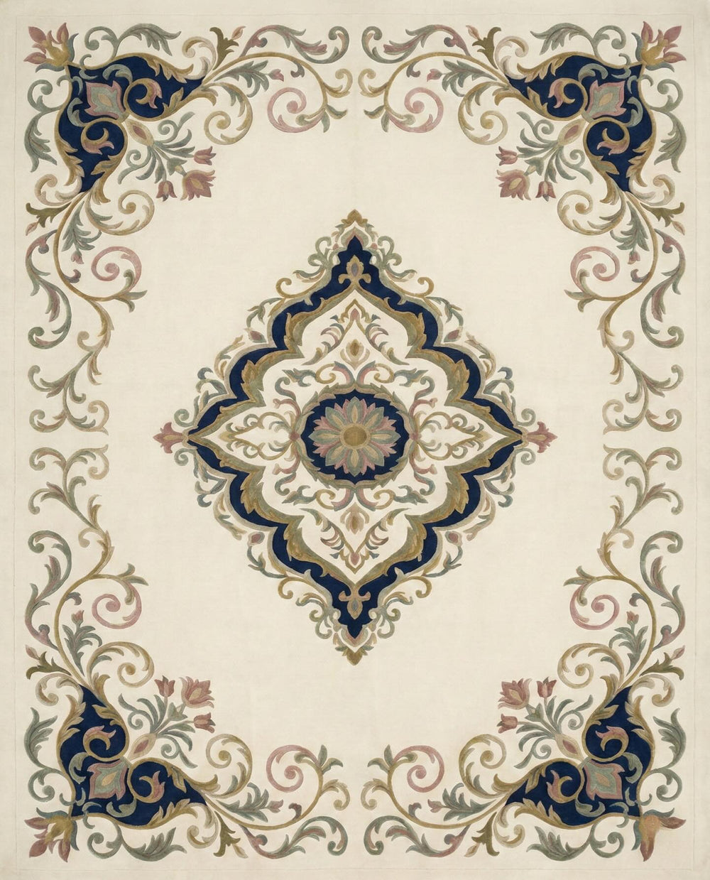 Isabeau cream and navy scroll medallion hand tufted wool rug, view 2