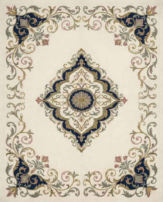 Isabeau cream and navy scroll medallion hand tufted wool rug, view 2