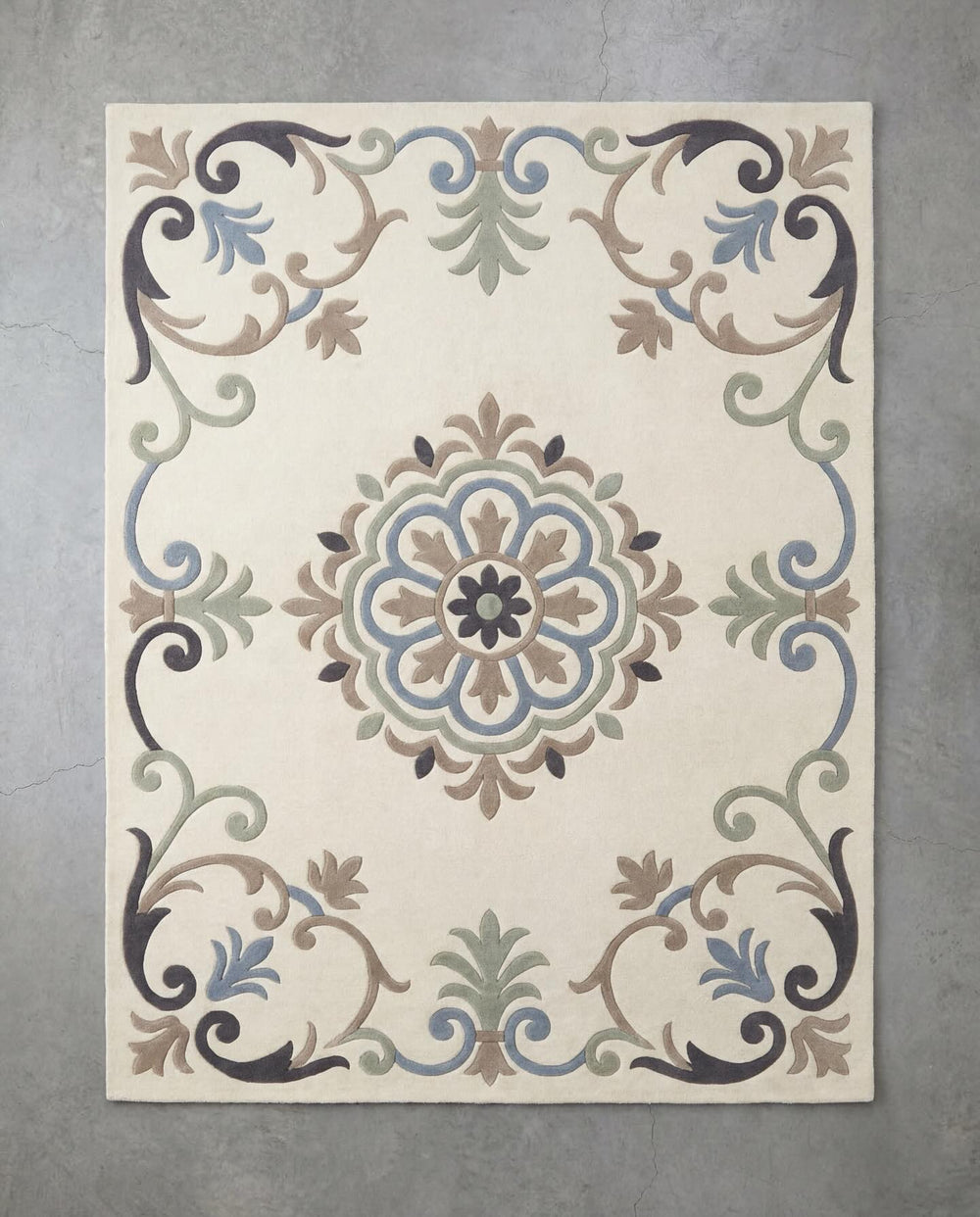 Serena cream and sage scroll medallion hand tufted wool rug, view 2