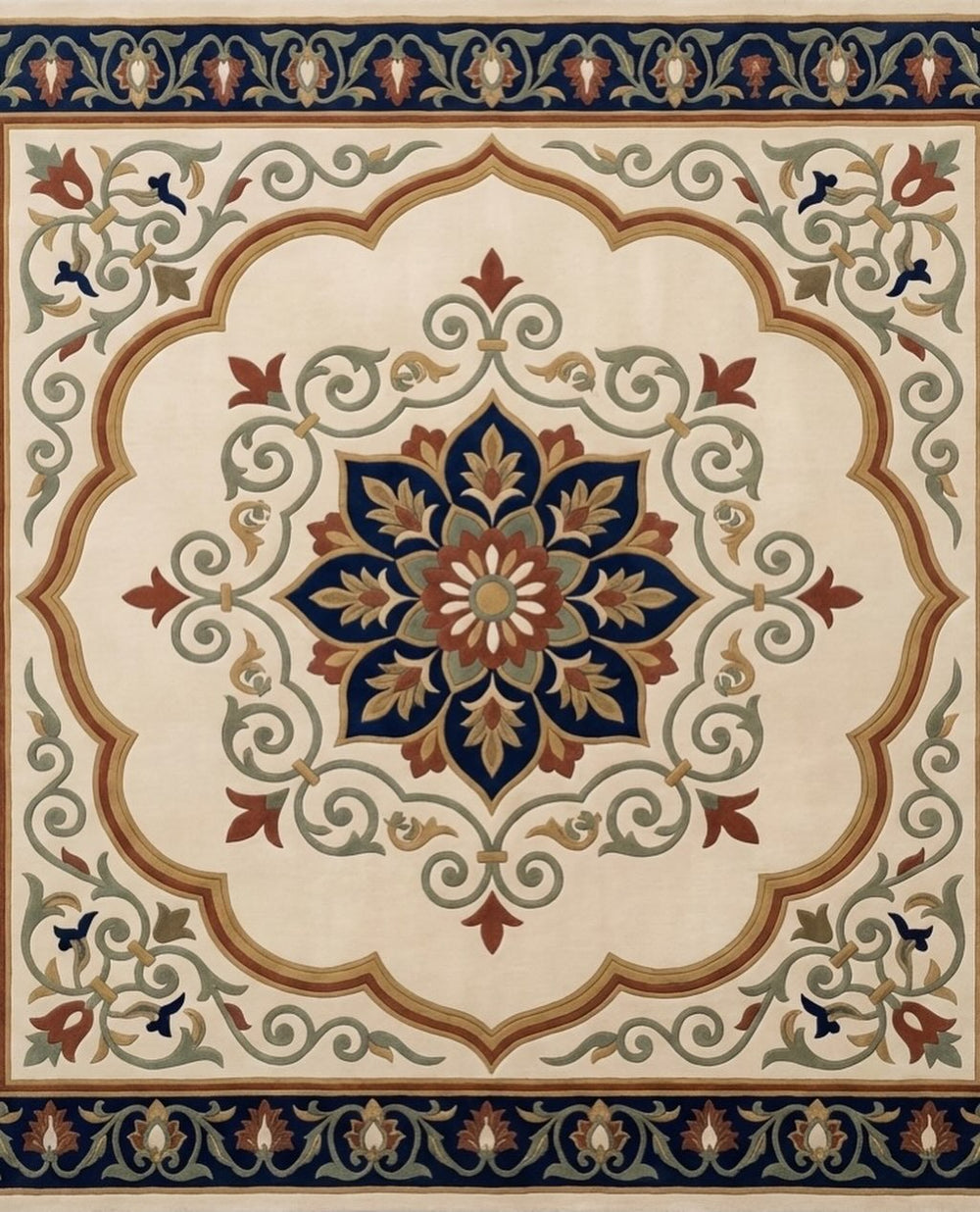 Zarafshan cream and navy medallion hand tufted wool rug, view 2