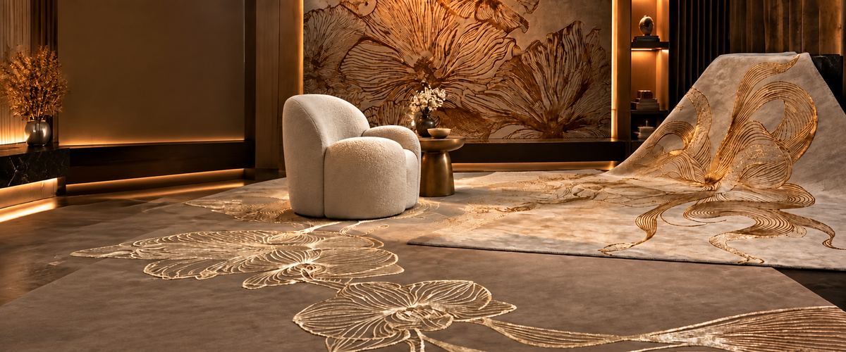 Carpet Emporio handmade wool rugs with gold floral design in a luxury living room