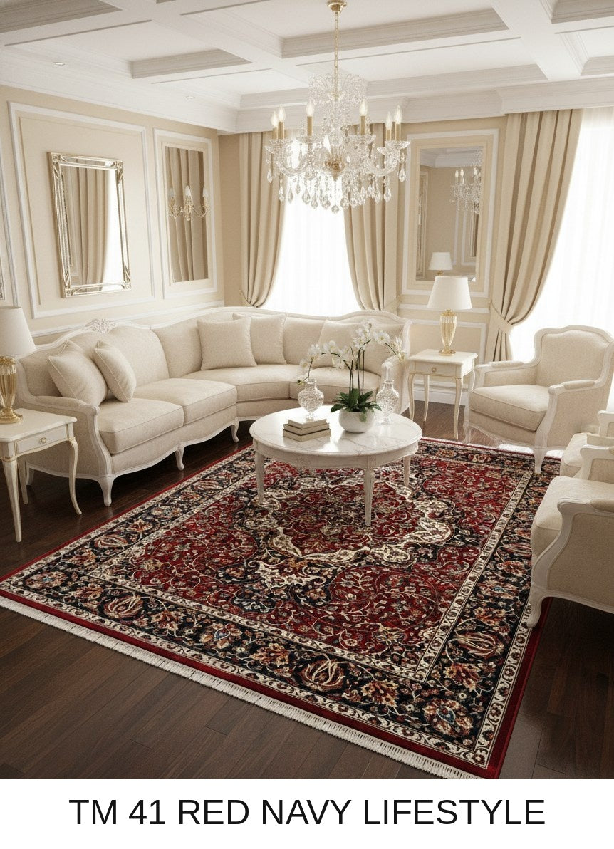 Sahar red and navy Persian medallion carpet in a room