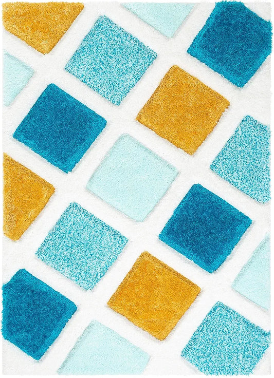 Teal & Mustard Diamond Grid Shag Rug