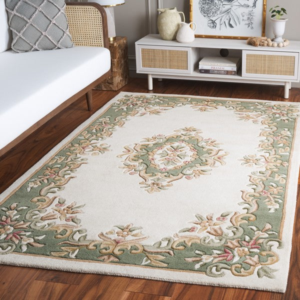 Seraphine cream and sage floral medallion hand tufted wool rug, view 2