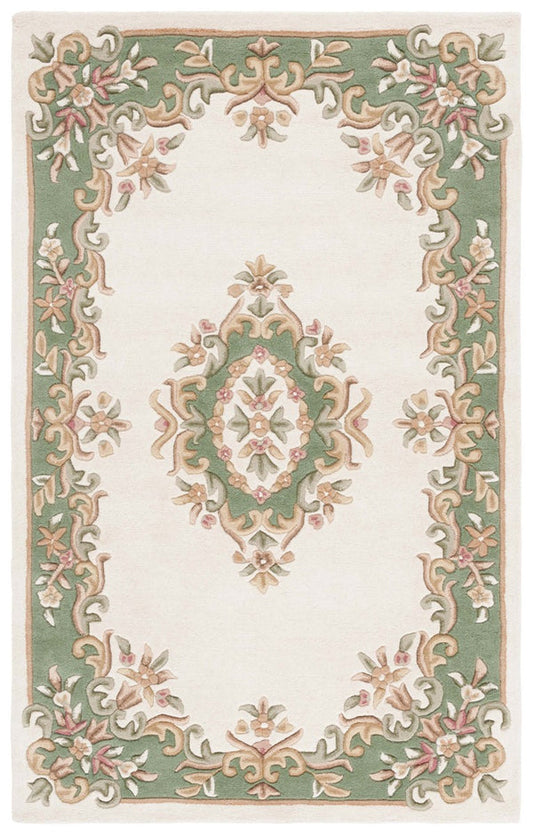 Seraphine cream and sage floral medallion hand tufted wool rug, full view