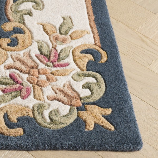 Colette slate blue and cream floral medallion hand tufted wool rug, view 5