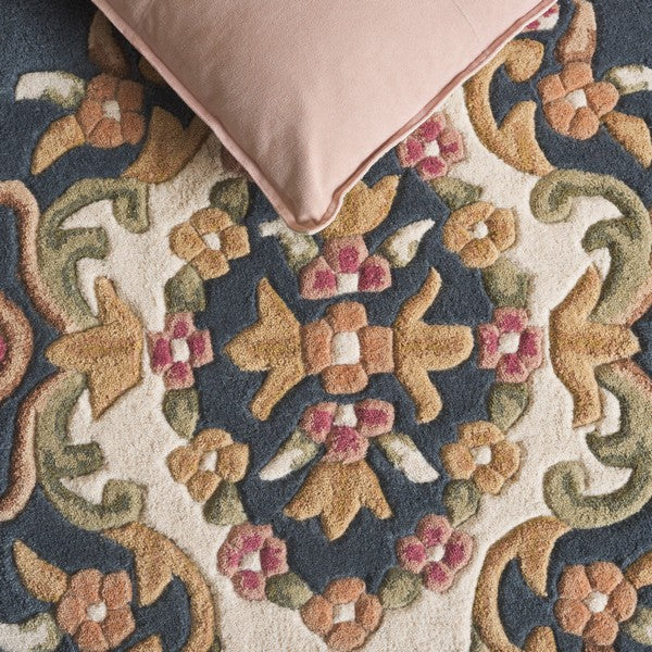 Colette slate blue and cream floral medallion hand tufted wool rug, view 3