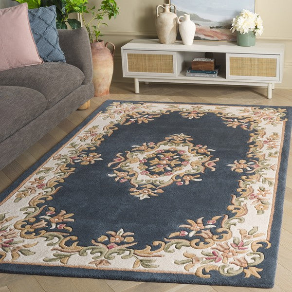 Colette slate blue and cream floral medallion hand tufted wool rug, view 2