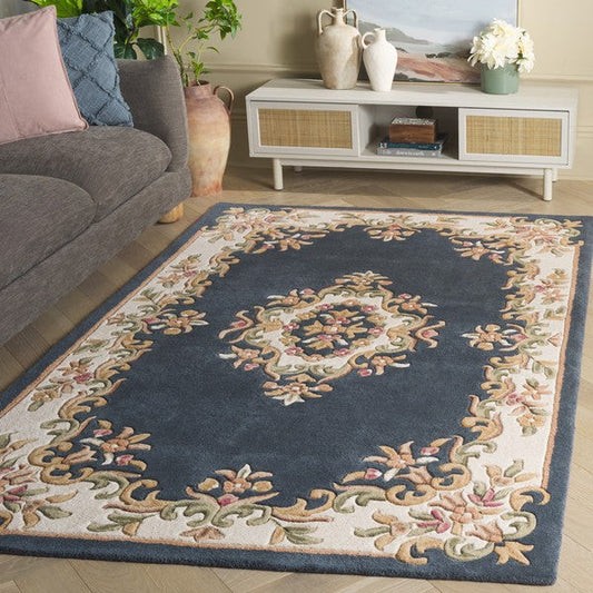 Colette slate blue and cream floral medallion hand tufted wool rug, view 2