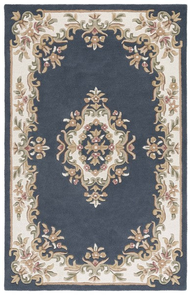 Colette slate blue and cream floral medallion hand tufted wool rug, full view