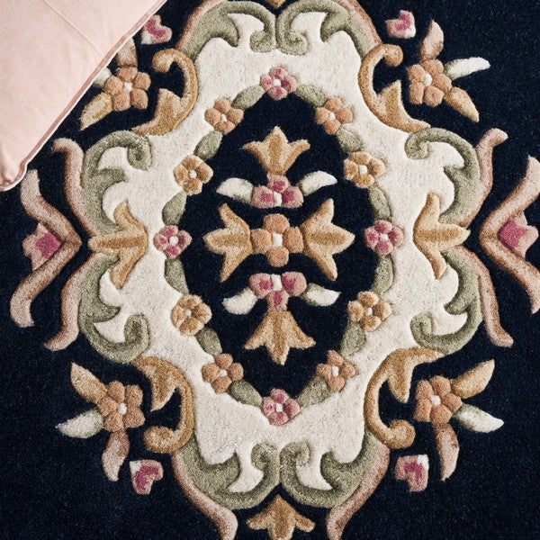 Elodie navy and cream floral medallion hand tufted wool rug, view 3