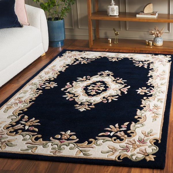 Elodie navy and cream floral medallion hand tufted wool rug, view 2