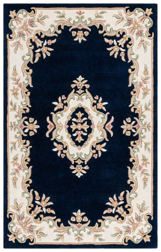 Elodie navy and cream floral medallion hand tufted wool rug, full view