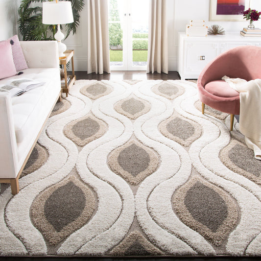 Ozala Beige Ogee Shag Rug - styled in a living room