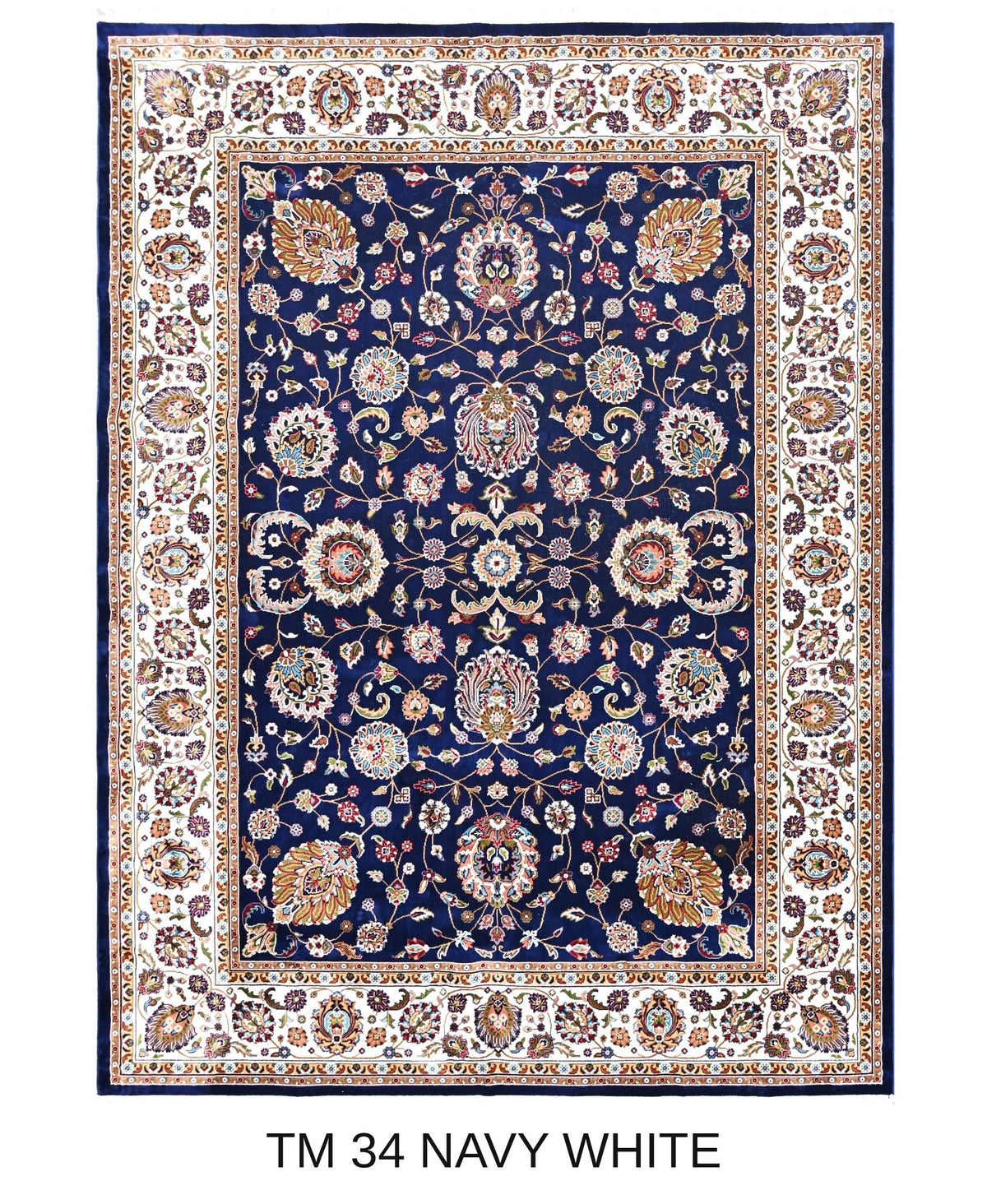 Atoosa navy and white Persian floral machine-made polyester carpet, full view