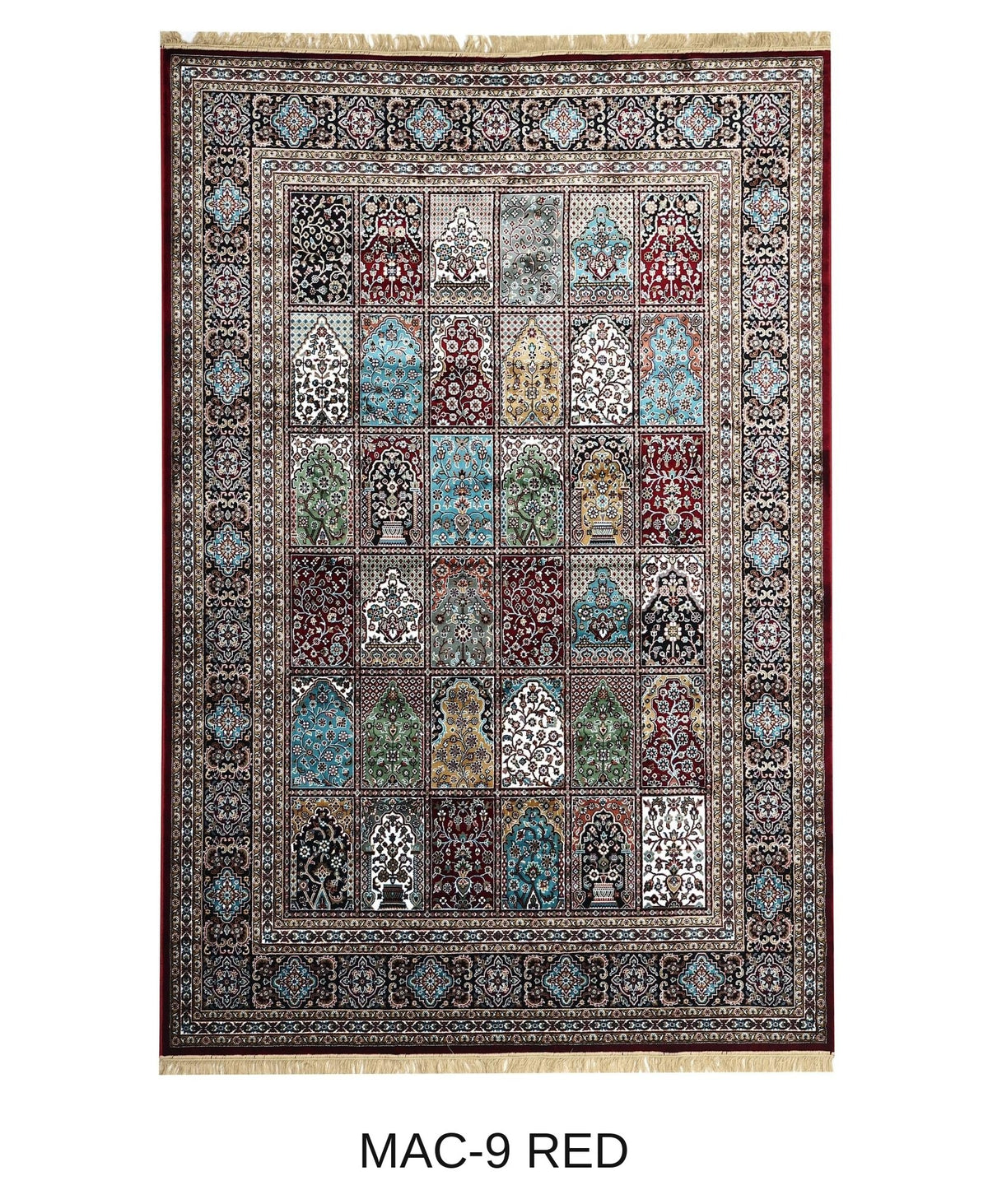 Baghgul red Persian garden panel machine-made viscose carpet, full view