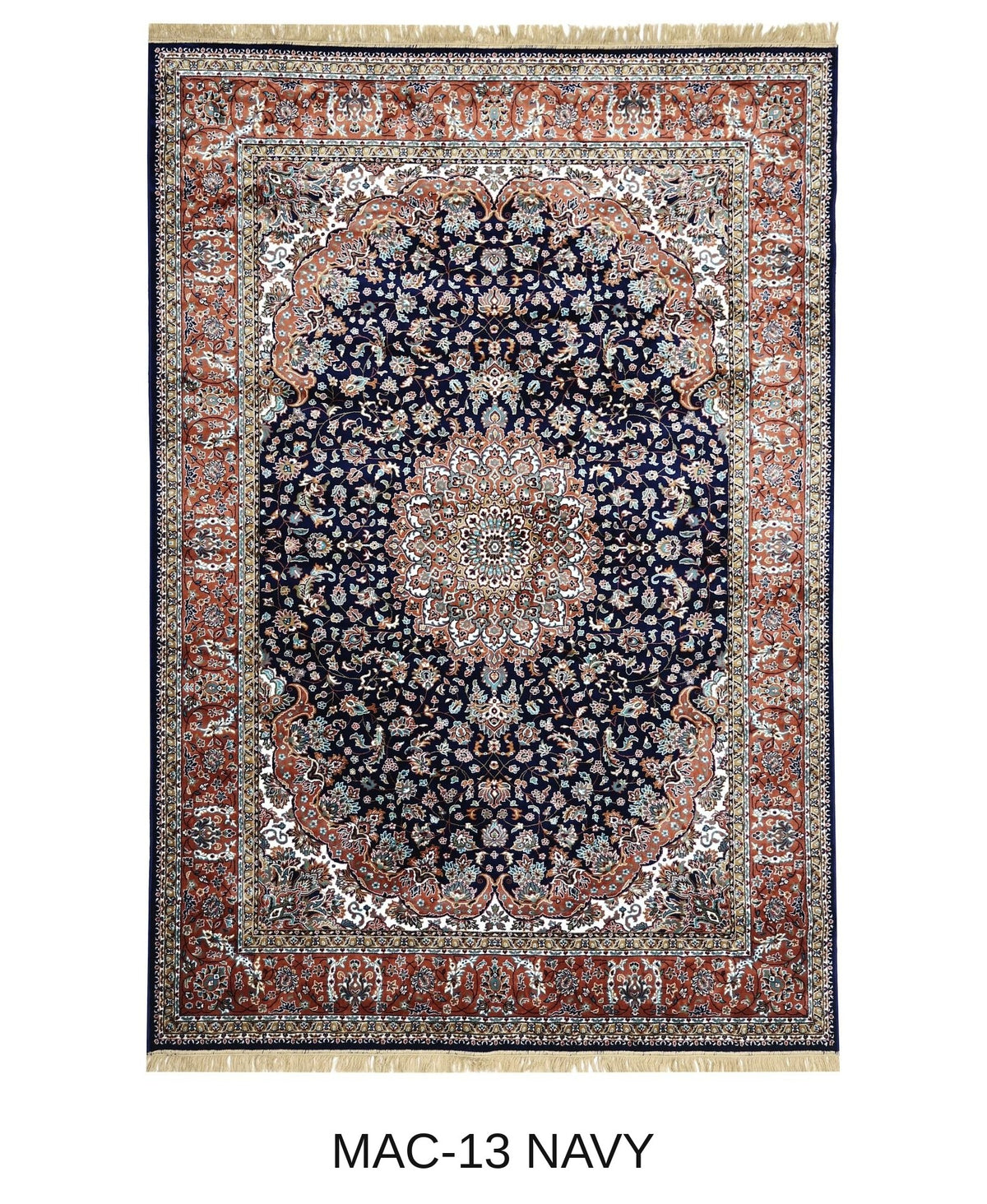 Behnaz navy and rust Persian medallion machine-made viscose carpet, full view