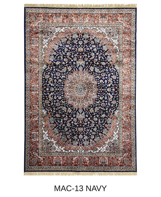 Behnaz navy and rust Persian medallion machine-made viscose carpet, full view