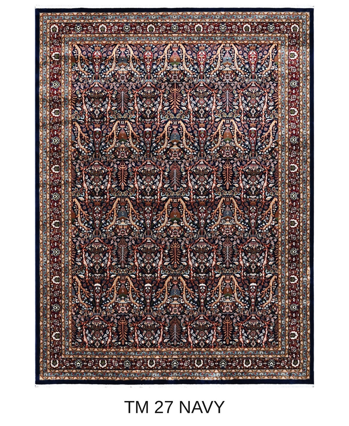 Daria navy Persian garden machine-made polyester carpet, full view
